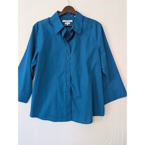 Foxcroft Wrinkle Free Teal Blue Button Up Shirt Womens Size 18 3/4 Sleeve Office